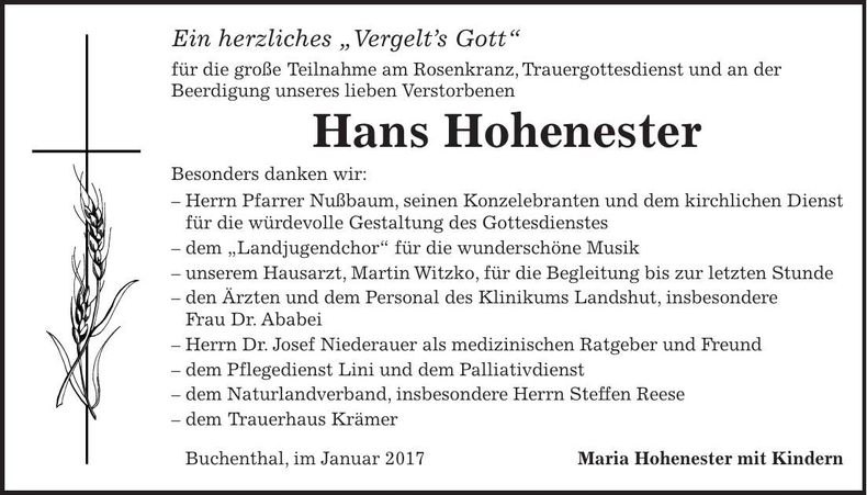 Traueranzeige Hans Hohenester