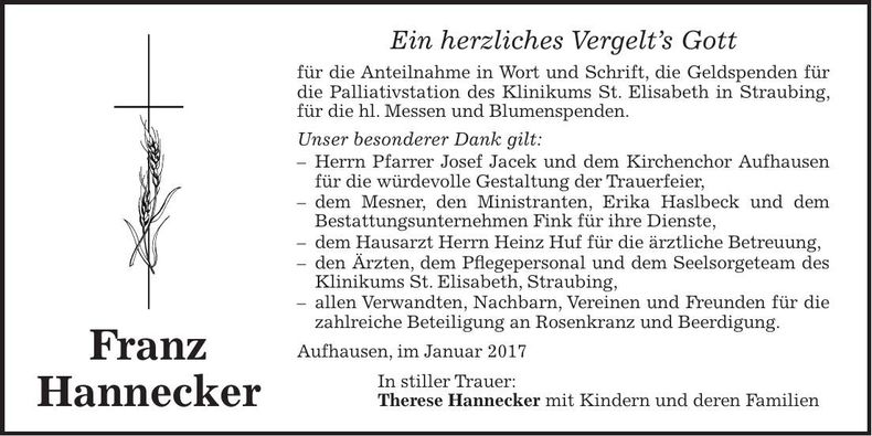 Traueranzeige Franz Hannecker
