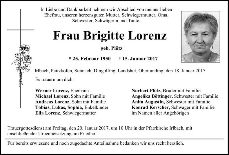 Traueranzeige Brigitte Lorenz
