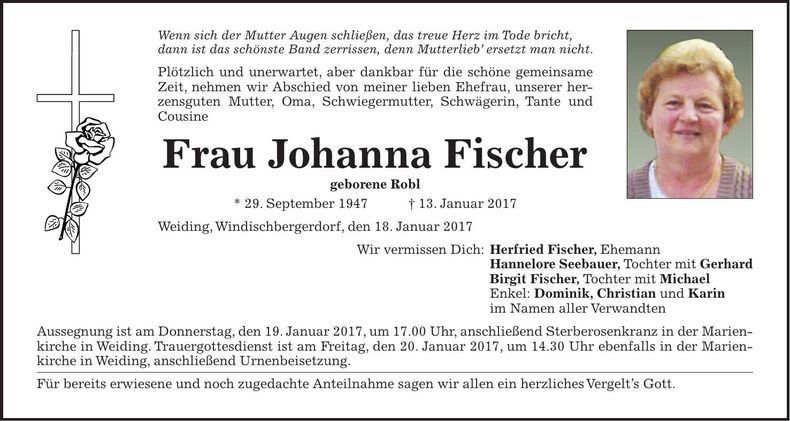 Traueranzeige Johanna Fischer
