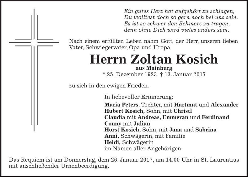 Traueranzeige Zoltan Kosich