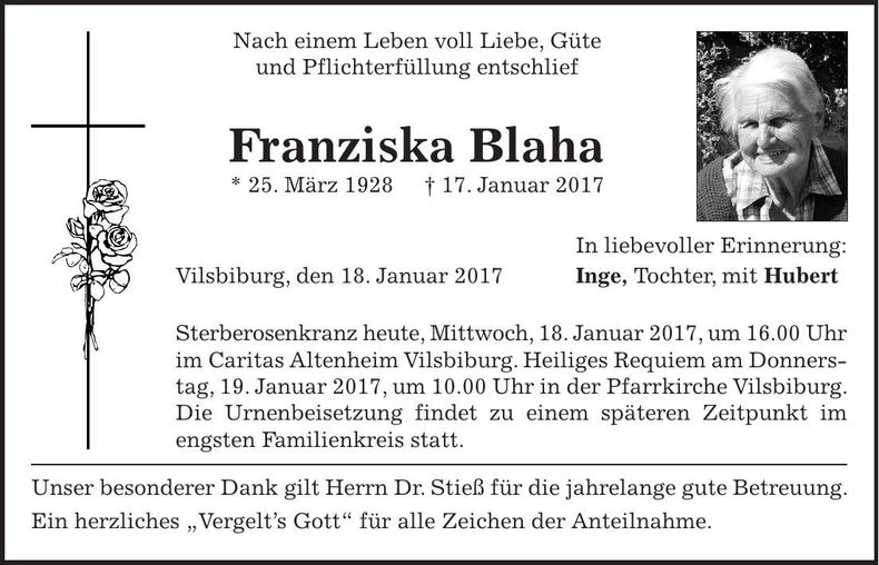 Traueranzeige Franziska Blaha