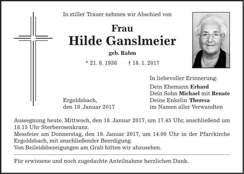 Traueranzeige Hilde Ganslmeier