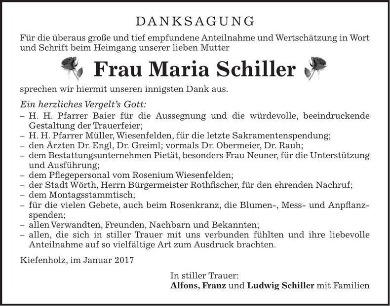 Traueranzeige Maria Schiller