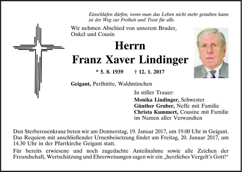 Traueranzeige Franz Xaver Lindinger