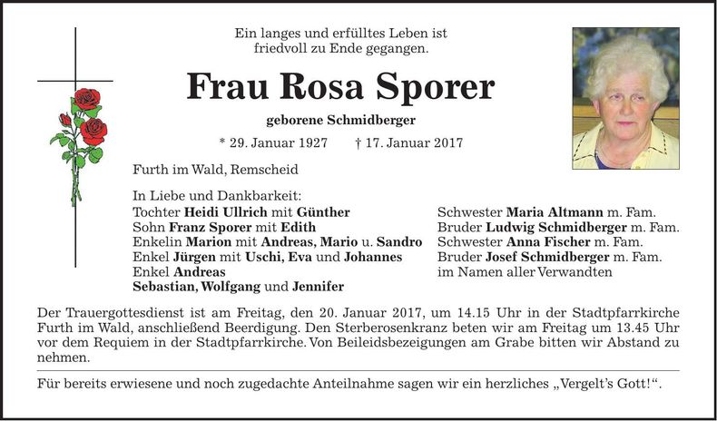 Traueranzeige Rosa Sporer