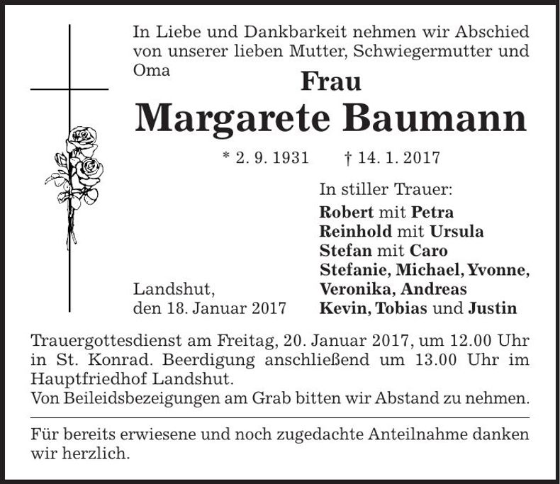 Traueranzeige Margarete Baumann