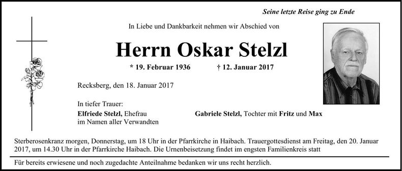 Traueranzeige Oskar Stelzl