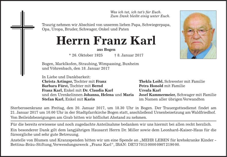 Traueranzeige Franz Karl