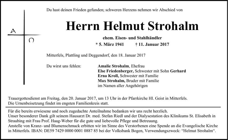Traueranzeige Helmut Strohalm