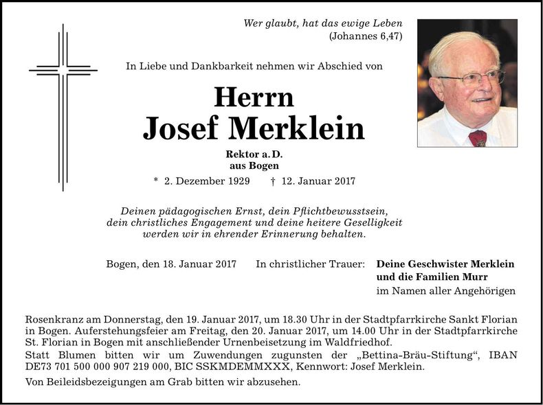 Traueranzeige Josef Merklein