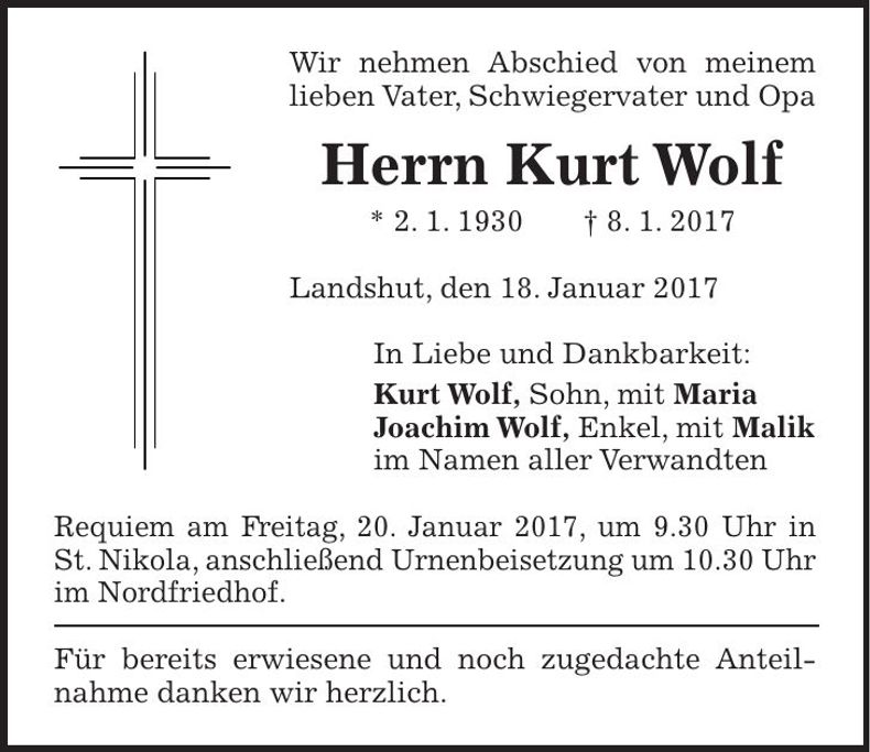 Traueranzeige Kurt Wolf