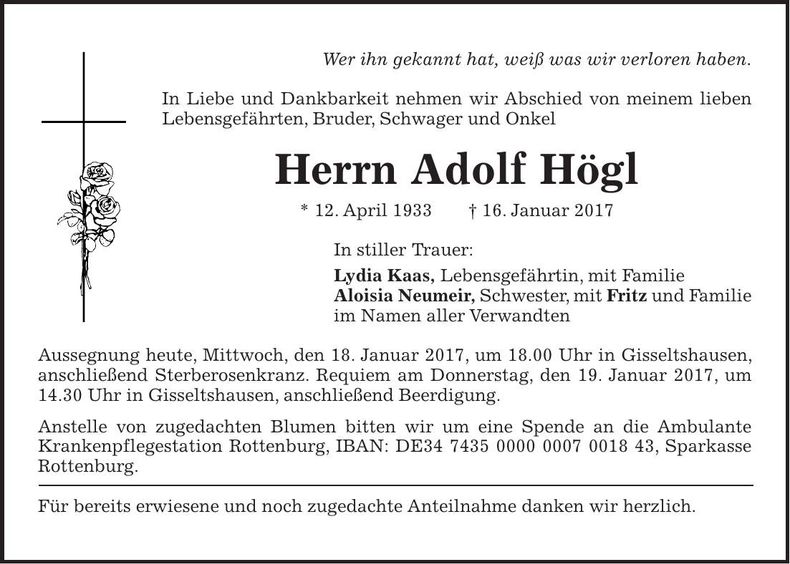Traueranzeige Adolf Högl