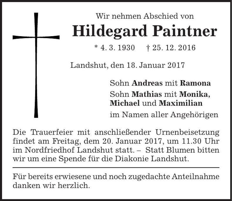 Traueranzeige Hildegard Paintner