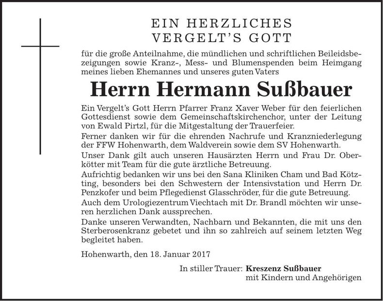 Traueranzeige Hermann Sußbauer