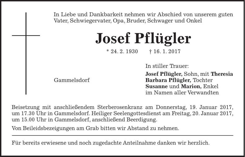 Traueranzeige Josef Pflügler