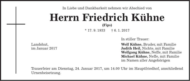 Traueranzeige Friedrich Kühne