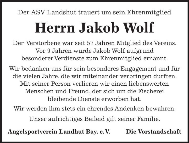 Traueranzeige Jakob Wolf