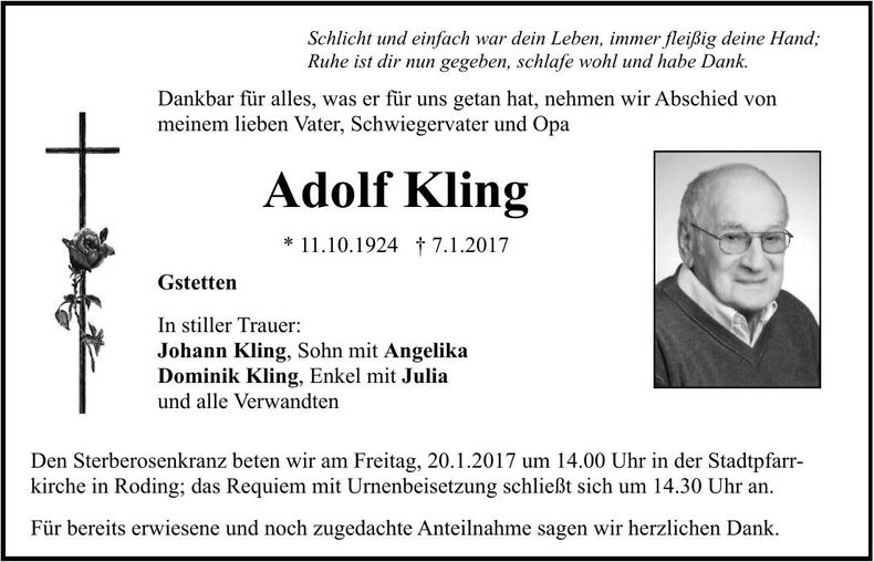 Traueranzeige Adolf Kling