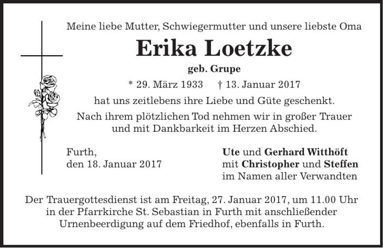 Traueranzeige Erika Loetzke