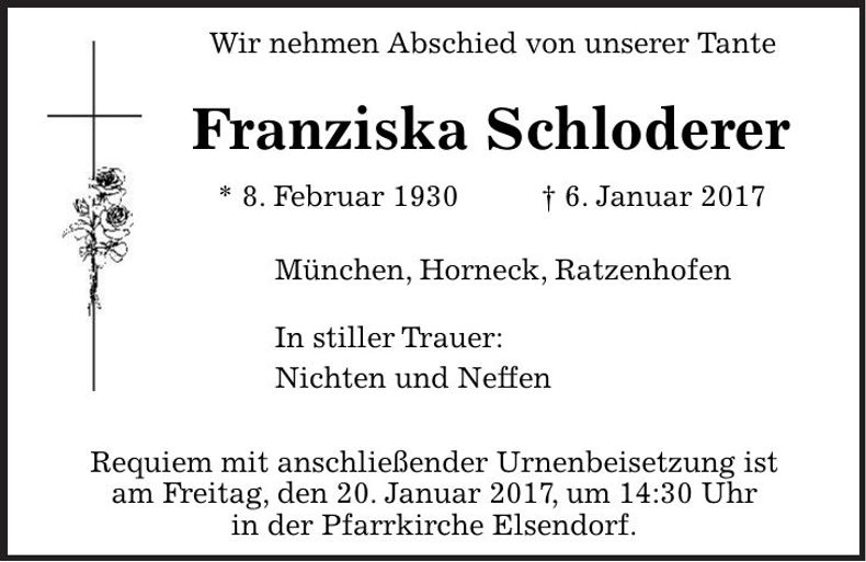 Traueranzeige Franziska Schloderer