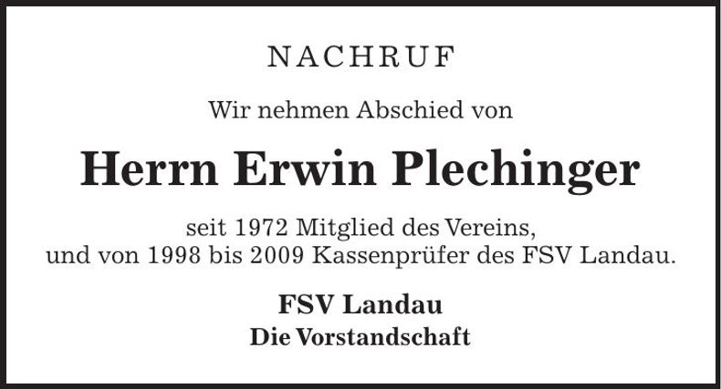 Traueranzeige Erwin Plechinger