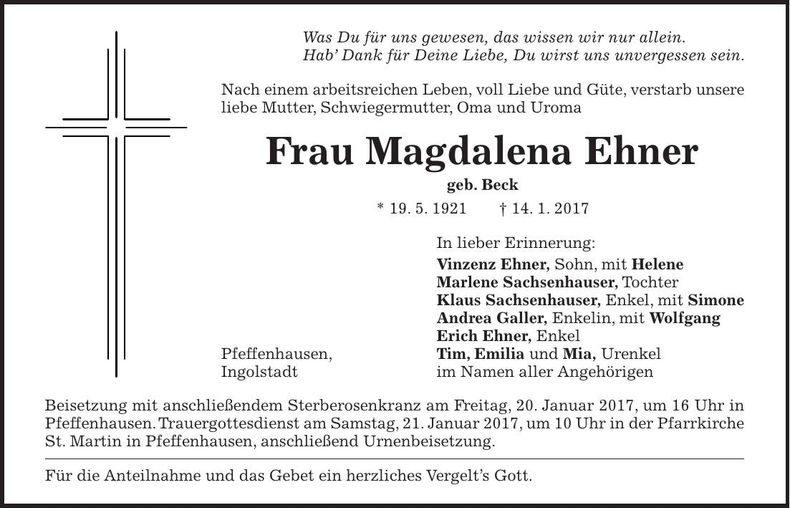 Traueranzeige Magdalena Ehner