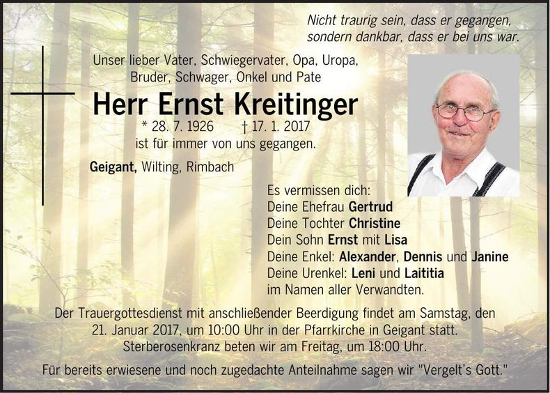 Traueranzeige Ernst Kreitinger