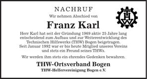 Traueranzeige Franz Karl