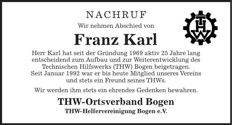 Traueranzeige Franz Karl