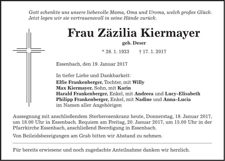 Traueranzeige Zäzilia Kiermayer