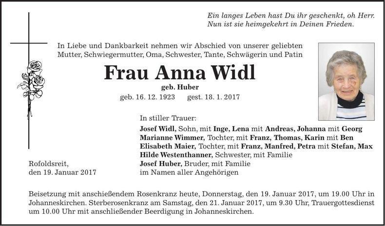 Traueranzeige Anna Widl