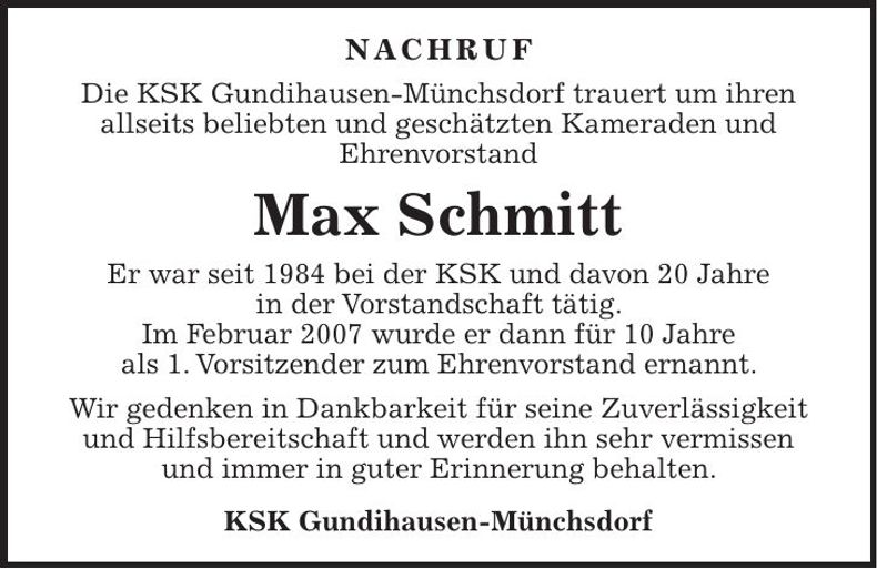 Traueranzeige Max Schmitt