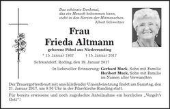 Traueranzeige Frieda Altmann