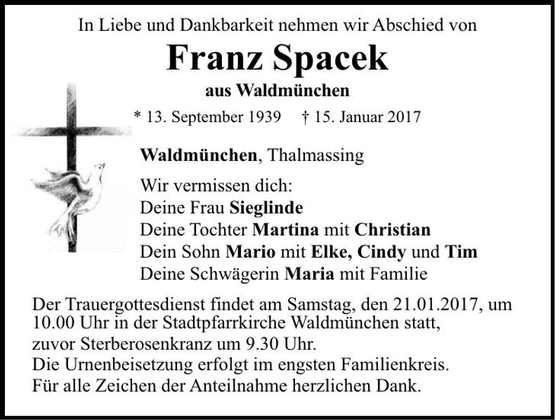 Traueranzeige Franz Spacek