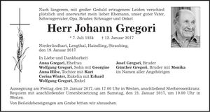 Traueranzeige Johann Gregori