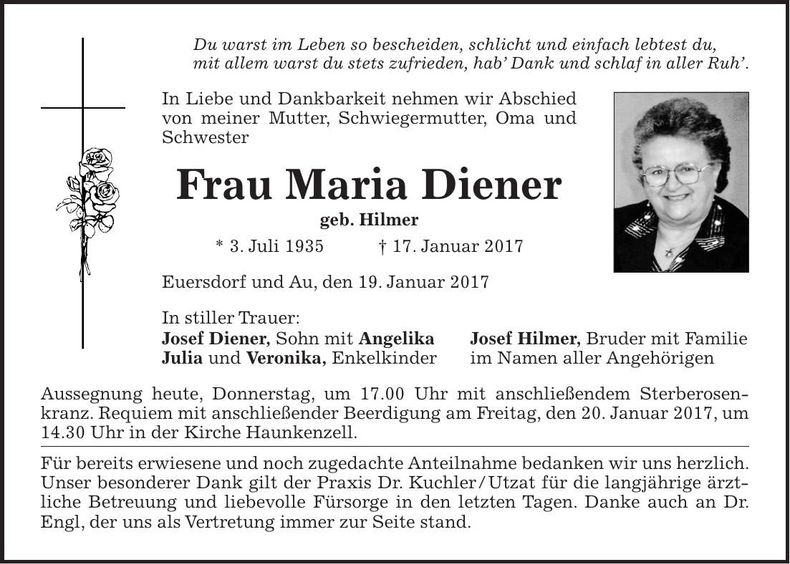 Traueranzeige Maria Diener