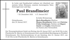 Traueranzeige Paul Brandlmeier