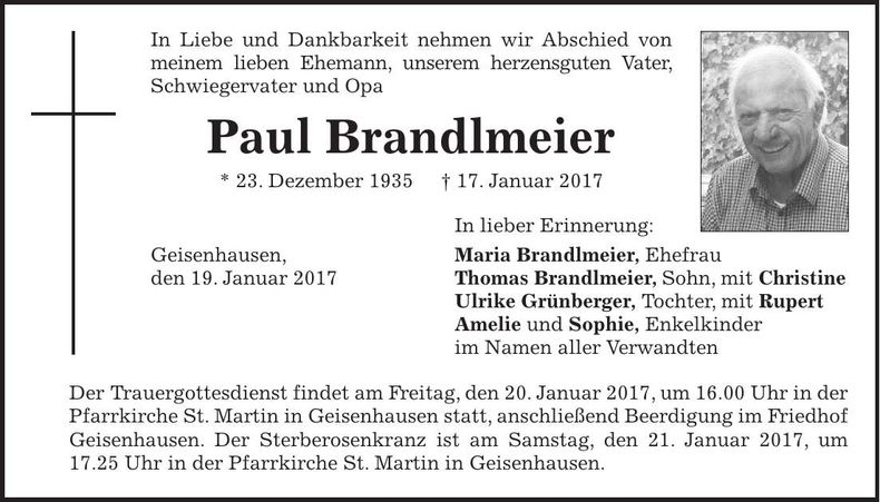 Traueranzeige Paul Brandlmeier