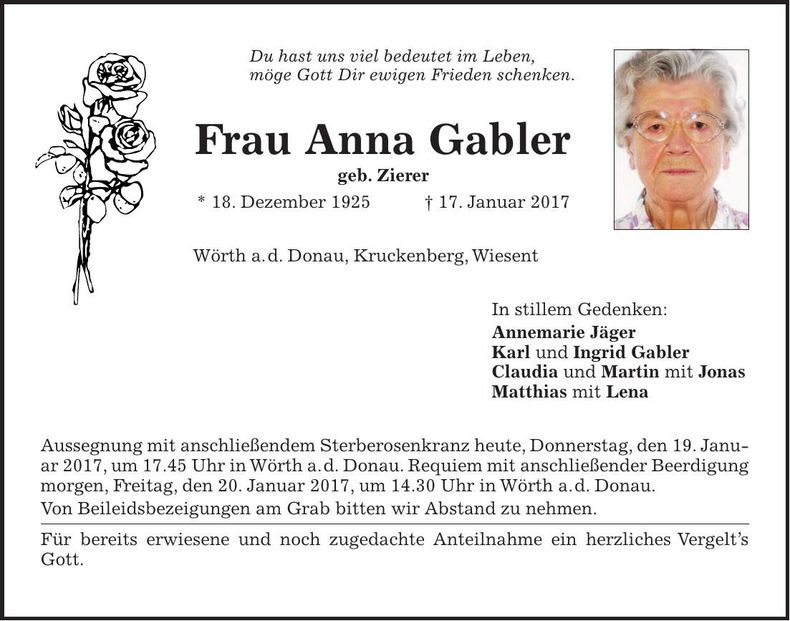 Traueranzeige Anna Gabler