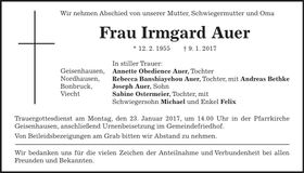 Traueranzeige Irmgard Auer