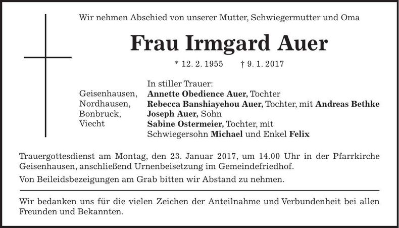 Traueranzeige Irmgard Auer
