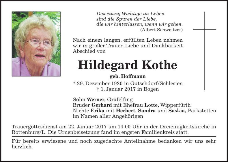 Traueranzeige Hildegard Kothe