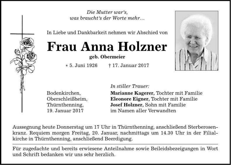 Traueranzeige Anna Holzner