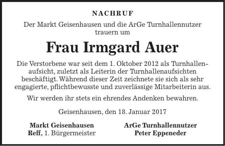 Traueranzeige Irmgard Auer