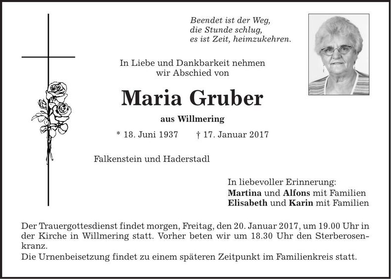 Traueranzeige Maria Gruber