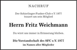 Traueranzeige Fritz Weichmann
