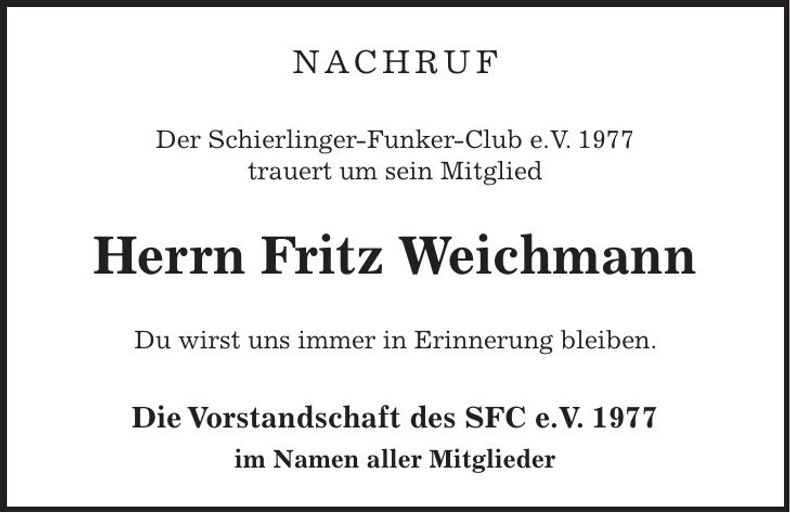 Traueranzeige Fritz Weichmann