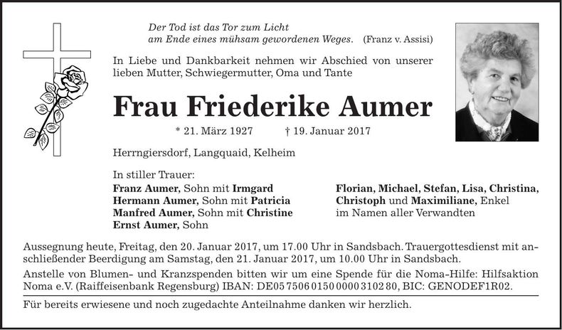 Traueranzeige Friederike Aumer