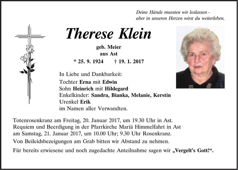 Traueranzeige Therese Klein